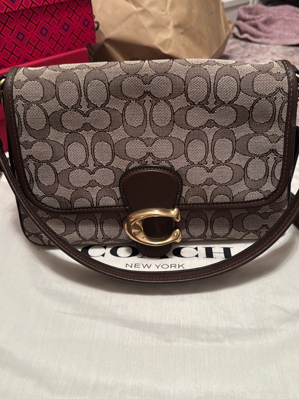 Coach Brown Signature Canvas Crossbody with Gold 'C' Accent